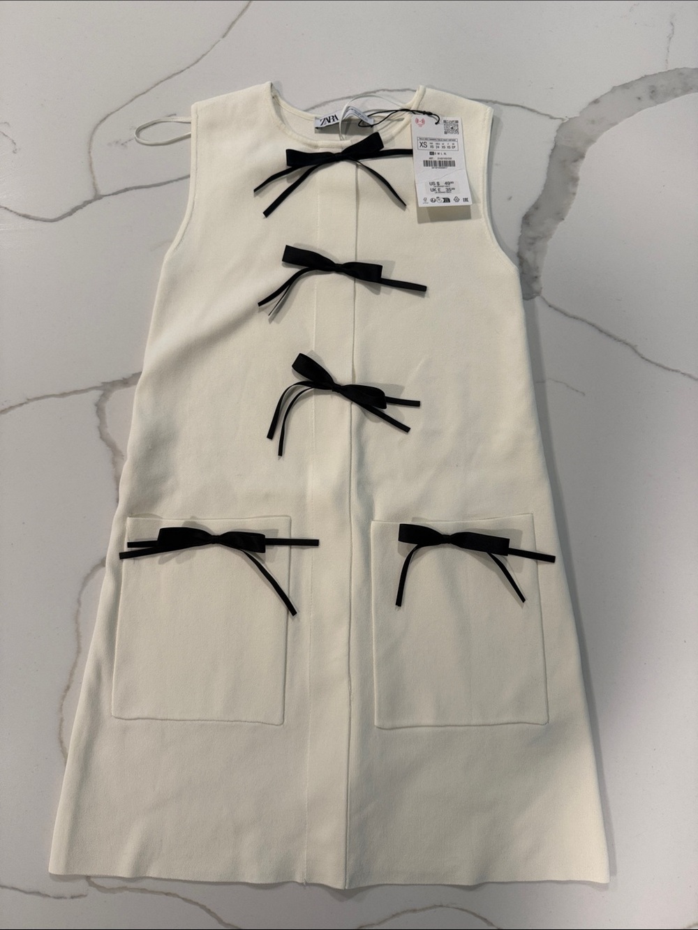 Zara Cream Sleeveless Shift Dress with Black Bow Details